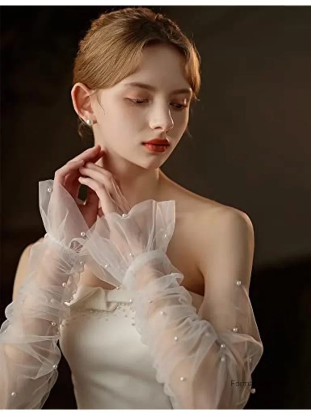 Women's Long Fingerless Bridal Wedding Tulle Pearl Opera Gloves